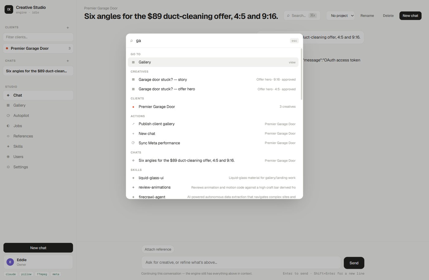 Search across clients, chats, creatives and skills